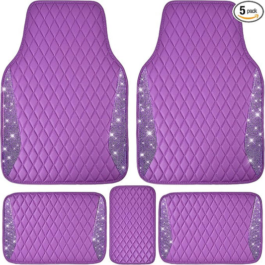 CAR PASS Bling Leather Car Mats Shining Diamond Floor Mats Crystal Rhinestone Sparkly Glitter Carpet Anti-Slip Waterproof Pad Universal Fit for Automotive SUV, Sedan, Van, 5pcs Girl Women, Purple