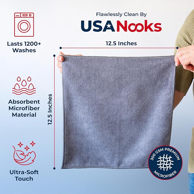 USANOOKS Microfiber Cleaning Cloth Grey - 8 Pcs (12.5"x12.5") - High Performance - 1200 Washes, Ultra Absorbent Microfiber Towel Weave Grime & Liquid for Streak-Free Mirror Shine - Car Washing Cloth