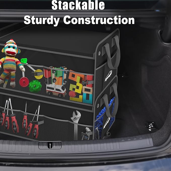 EPAuto Car Trunk Organizer with Lid & Adjustable Multi Compartment for SUV | with Side Pockets and Securing Straps, Foldable