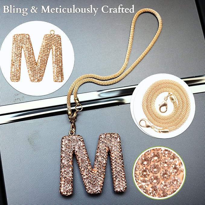 Bling Car Accessories for Women Letter Charm, Rainbow Crystal Rearview Mirror Pendant, Cute Diamond Rhinestone Car Decor, Lucky Gift for Women(M, Champagne Gold)