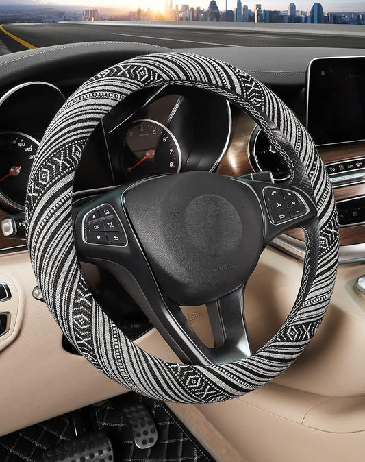 SEG Direct Boho Steering Wheel Cover, Baja Blanket Cloth, Coarse Flax | Bohemian Car Decor, Ethnic Style, Coarse Flax, Fabric Cover Fits 14 1/2-15 1/4 inches Standard Medium Size, for Women Men
