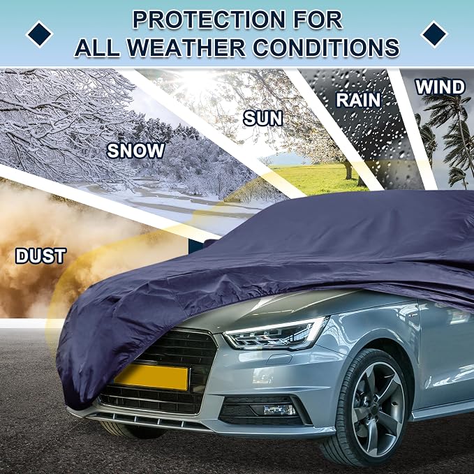 Navy Blue Heavy Duty Waterproof Car Cover for Sedan 169"-175" - All-Weather UV Protected Outdoor Full Exterior Cover with Sun/Snow/Rain Resistance