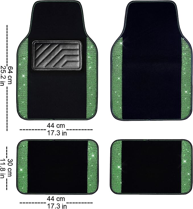 CAR PASS Shining Rhinestones Carpet, Bling Crystal Diamond Sparkly Glitter Car Floor Mats with Anti-Slip PVC Heel Pad Automotive Universal for SUV,Sedan,Car,Van,4pcs for Girl Women Green Diamond