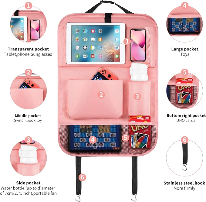 LUCMO Car Backseat Organizer with Foldable Tablet Holder, Pink | 2 Pcs,6 Storage Pockets,Foldable Food Tray,Protectors Kick Mats,Travel Accessories,Seat Cover,Road Trip Essentials