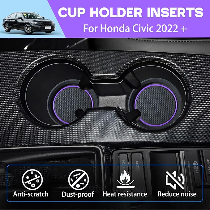 for Honda Civic Accessories 2026 2025 2024 2023 2022 Cup Holder Inserts Center Console Liner 3D Silicone Cup Holder Coaster Protector Mat Pad Non-Slip Interior Decoration for Civic 3Pcs (Purple)