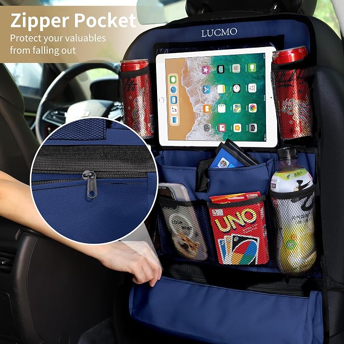 LUCMO Car Backseat Organizer with Touch Screen Tablet Holder,Dark Blue | 2 Pcs,9 Storage Pockets,Clear Tablet Holder,Protectors Kick Mats,Travel Accessories,Seat Cover,Road Trip Essentials