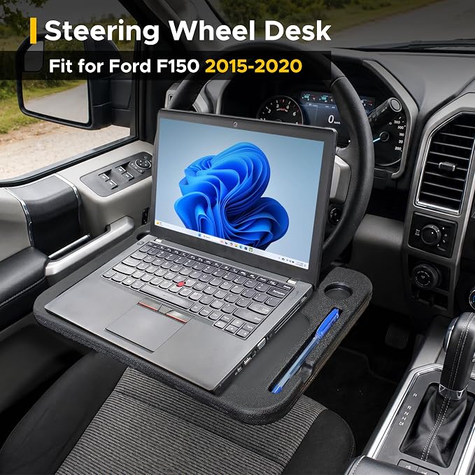 EcoNour Steering Wheel Desk for Ford F150 2015-2018 2019 2020 2-in-1 Car Tray Table Laptop Car Mount with Pen Holder Food Tray for Eating with Drinks Holder Multipurpose Travel Car Accessories