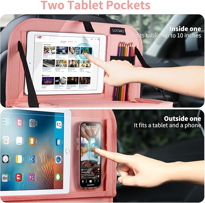 LUCMO Car Backseat Organizer with Foldable Tablet Holder, Pink | 2 Pcs,6 Storage Pockets,Foldable Food Tray,Protectors Kick Mats,Travel Accessories,Seat Cover,Road Trip Essentials