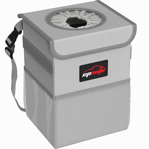 EPAuto Waterproof Car Trash Can with Lid and Pockets, 2.5 Gal, Gray | Leakproof, Collapsible Multipurpose Car Bin with 3 Side Storage Pockets, Adjustable Straps