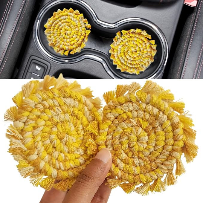 Cotton Car Coasters 2pc Car Cup Coasters Cute car Accessories for Women car Coaster for Cup Holders (Lemon Drop)