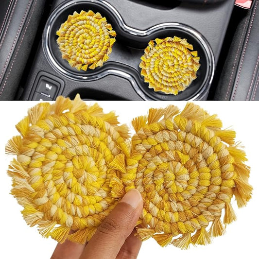 Cotton Car Coasters 2pc Car Cup Coasters Cute car Accessories for Women car Coaster for Cup Holders (Lemon Drop)