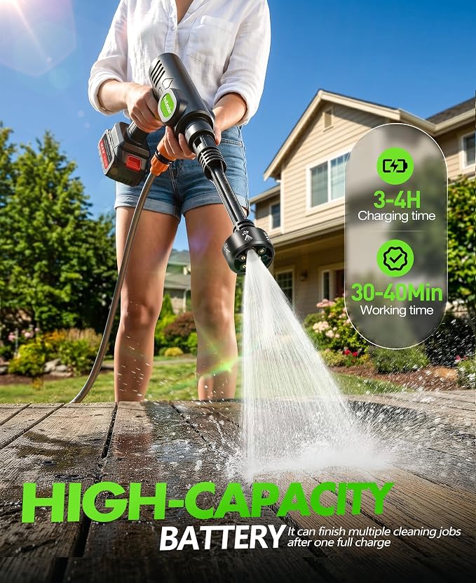 PoolLeader Cordless Car Cleaning Tool with 6-in-1 Nozzle & Foam Cannon | Lightweight Portable Design, Battery Operated Cordless Car Wash Spray, Handheld Wash Machine for Car, Patio, Home -Lime Green
