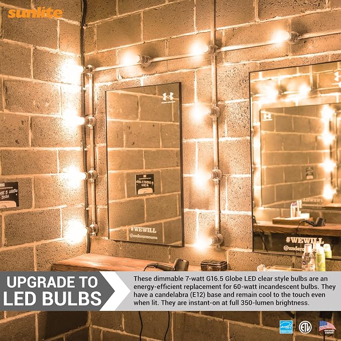 Sunlite G16.5 Light Bulb LED, 7 Watts (60W Equiv.), 500 Lumens, Dimmable, Type G Globe Shape E12 Candelabra Base, Short Bulbs, Vanity Mirror Bulbs, 2700K Soft White, Clear, 6 Count