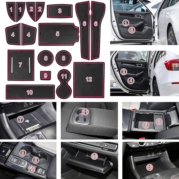 for Honda Civic Accessories 2022 2023 2024 2025 2026 11th Gen Sedan Cup Holder Insert Center Console Liner Door Slot Mats Pad Coaster Trim Premium Rubber Custom Interior 17PC Set (Pink Trim)