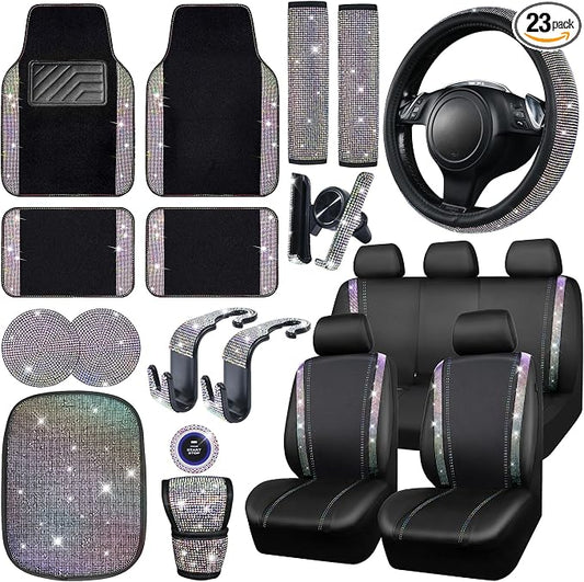 CAR PASS 23 PCS Bling Diamond Car Accessories Set for Women, Leather Car Seat Covers Full Set Sparkly Rhinestone15'' Steering Wheel Covers Shining Diamond Floor Mats Car Interior Sets, Multicolor