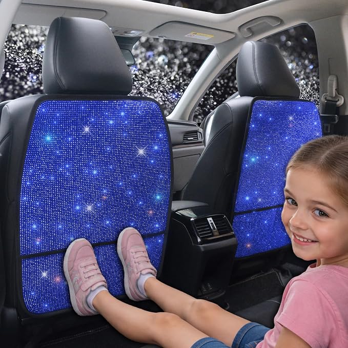 Sparkling Diamond Car Seat Kick Protectors with Storage, Crystal Kick Mats for Car Seats with Bling Rhinestones, Universal Fit Luxury Auto Accessories for Women Girls and Ladies Blue 2pcs