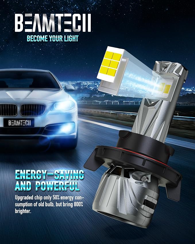 BEAMTECH H13 Bulbs, 800% Brighter High Speed Fan 6500K Light, Pack of 2 | 9008 Light Bulb, 50,000h Lifespan, 15,000rpm Turbo Fan, Liquid Cooling Tube, Aviation Aluminum Body