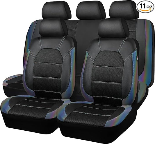CAR PASS Leather seat Covers,Automotive Universal Sport car seat Cover Super 5mm Composite Sponge Inside,Airbag Compatible fits Most SUVs, Trucks,and Vans (Full Set,Chameleon Iridescent Reflective)
