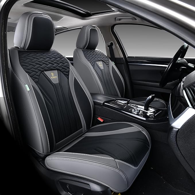 FLORICH Leather Seat Covers, Seat Covers Full Set, Car Seat Protectors 5 Seats, Automotive Seat Covers Fit for Most Cars Trucks SUV- Gray&Black