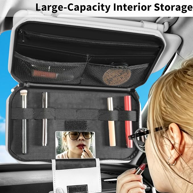 Car Sun Visor Organizer with Multi Pockets PU Leather Zipper Bag | Sunglass Holder with Elastic Straps and Glasses Clip Sunvisor Organizers Universal Fit for Trucks SUV Jeeps & Patrol Vehicles