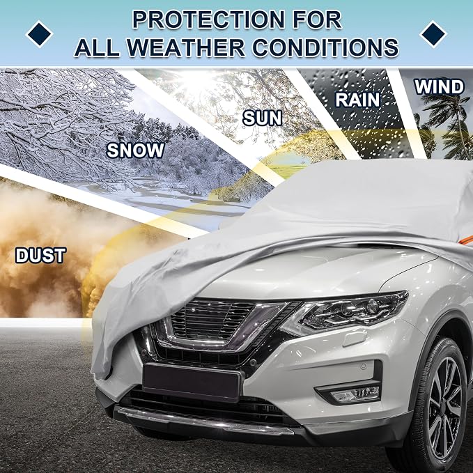 Silver Tone Heavy Duty Waterproof Car Cover for SUV 182"-190" - All-Weather UV Protected Outdoor Full Exterior Cover with Sun/Snow/Rain Resistance