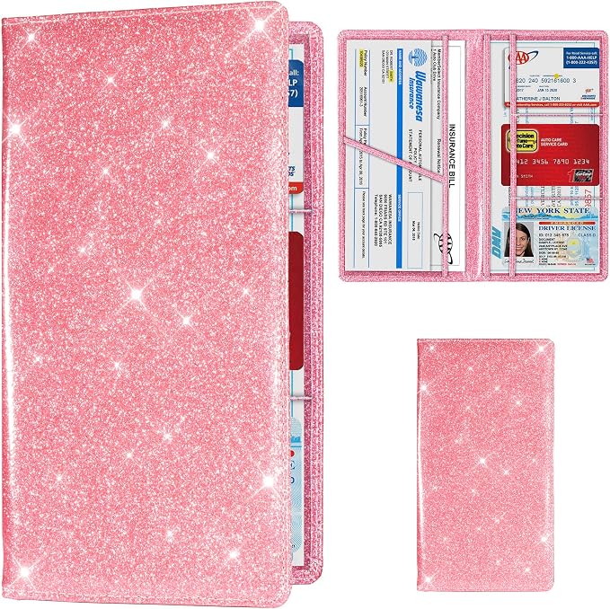 TOURSUIT Car Registration & Insurance Card Holder, Glitter Pink | Vehicle License Document Organizer, Glove Box Compartment, Interior Car Accessories, For Women Men