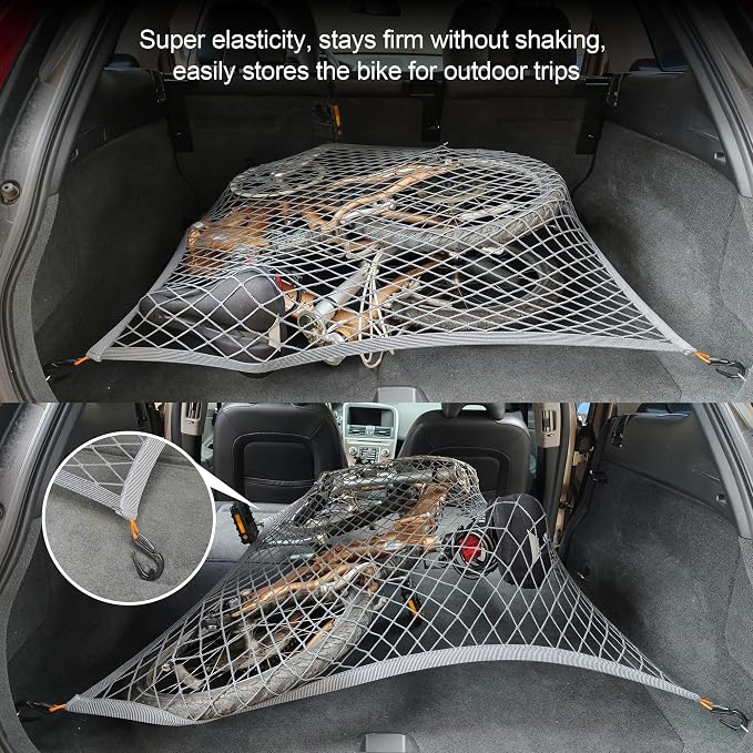 Elastic Cargo Net for SUV Trunk, 31.5"x23.6" to 70.8"x47.2", Gray | Stretches to 70.8"x47.2", high-density mesh, tool-free install with ABS hooks. Safe materials certified.