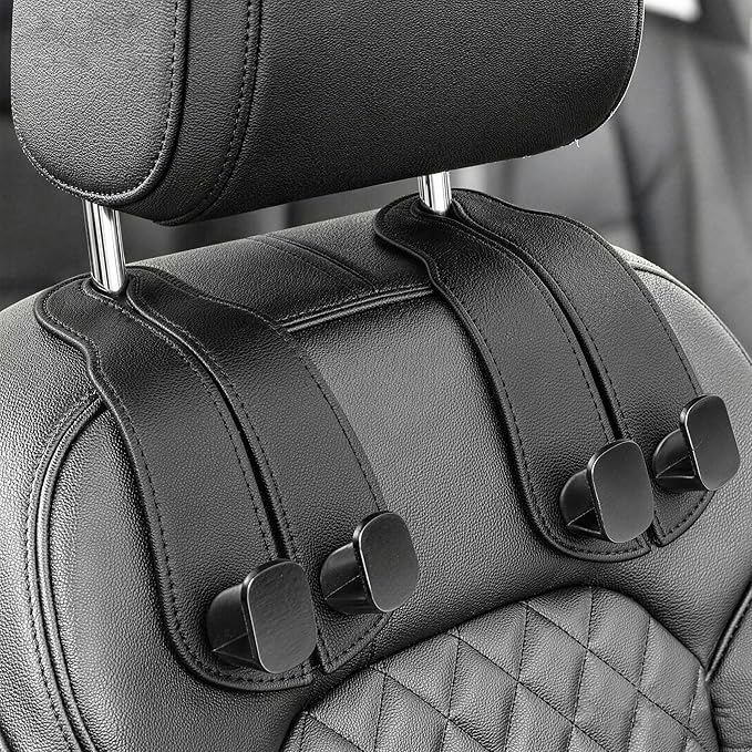 WOCOCN Purse Holder for Car, 2 Pack Heavy Duty Purse Hanger for Car, PU Leather Car Seat Hooks for Purses and Bags, Cute Minimalist Black Headrest Organizer for Handbags & Backpacks