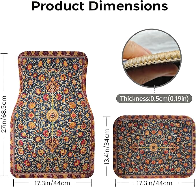 Vintage Car Floor Mats-Non-Slip Rubber Backing,Front (26.8x17.3in) & Rear (13x17.3in) Set-Water Absorbing, Durable Automotive Floor Liners with Stylish Patterns