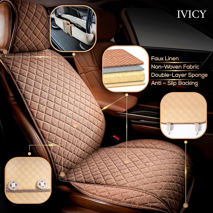 IVICY Faux Linen Front Car Seat Cover – Non-Slip Bucket Seat Protector for Most Cars, SUVs, Vans & Trucks – 1 Seat Cover, Machine Washable, Side-Airbag Friendly, Light Brown