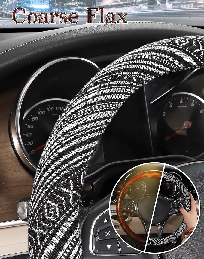SEG Direct Boho Steering Wheel Cover, Baja Blanket Cloth, Coarse Flax | Bohemian Car Decor, Ethnic Style, Coarse Flax, Fabric Cover Fits 14 1/2-15 1/4 inches Standard Medium Size, for Women Men