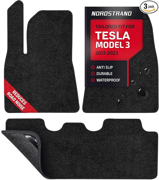 Nordstrand Floor Mats for Tesla Model 3 2023-2017 - Custom 3D Fit - 1st & 2nd Row - Set of 3 - Nylon Anti-Slip Backing - 30oz Heavy Duty Carpet Mat - All Weather Car Liner Floormats