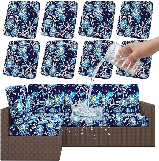 Smiry Waterproof Patio Cushion Covers, Stretch Outdoor Couch Slipcovers Replacement Washable Furniture Protector Sofa Chair Seat Cover for Dogs and Pets (8 Pcs, Midnight Blue)
