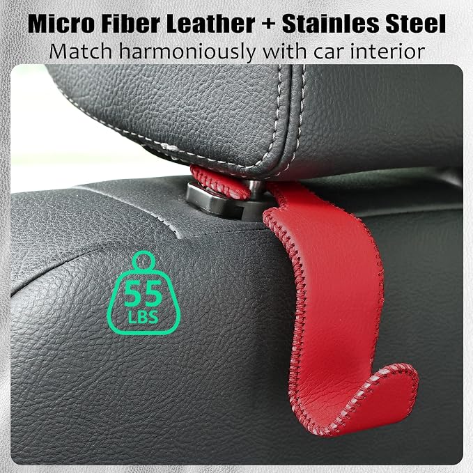 Amooca Car Seat Headrest Hook Universal Vehicle Storage Hanger Leather with Metal Car Seat Back Organizer for Handbag Purse Coat Wine 4 Pack