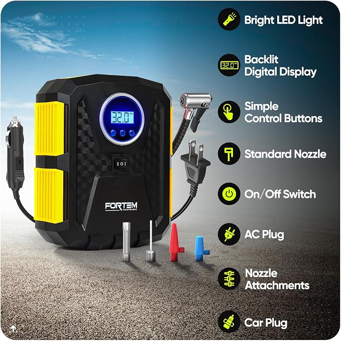 FORTEM Tire Inflator Portable Air Compressor, Air Pump for Car Tires and Bikes, Car Tire Pump w/Auto Shut Off, 150 PSI, 110V AC 12V DC, LED Light, Carrying Case, Perfect For Men, Women