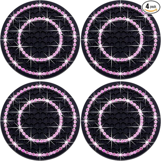 4PCS Bling Crystal Rhinestone Cup Holder Coaster, 2.75 inch Soft Silicone Anti-Slip Shockproof, Car Cup Holder Insert Coasters, Universal Car Interior Accessories for Women (Black & Pink)