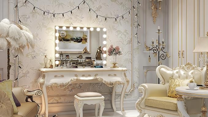 FENNIO Hollywood Vanity Mirror with Lights 32x24.5 Large Lighted Mirror Makeup Mirror with 18 Dimmable LED Bulbs and 10X Magnification 3Color Lighting USB Charging Port for Vanity Desk Tabletop