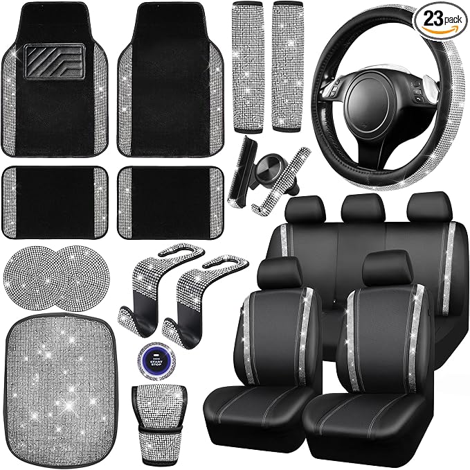 CAR PASS 23 PCS Bling Diamond Car Accessories Set for Women, Leather Seat Covers Full Set Sparkly Rhinestone15'' Steering Wheel Covers Shining Car Floor Mats Cute Aotumotive Interior Sets, Silver