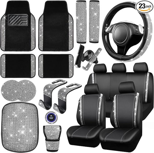 CAR PASS 23 PCS Bling Diamond Car Accessories Set for Women, Leather Seat Covers Full Set Sparkly Rhinestone15'' Steering Wheel Covers Shining Car Floor Mats Cute Aotumotive Interior Sets, Silver