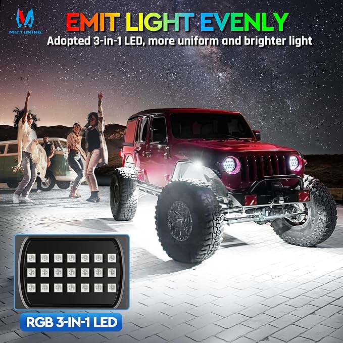 MICTUNING Q1 MAX RGB+IC Chasing Color Ultra-Bright Rock Lights 8 Pods Kits | 1000% Brighter 24 Light Chips Per Pod, Switch Wiring Kit, Aluminum Housing, IP68 Waterproof, Series/Parallel, Up to 24 Pods