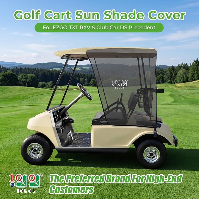 10L0L 2 Passenger Golf Cart Sun Shade Cover for EZGO TXT RXV & Club Car DS Precedent Tempo - Foldable UV Protection Cover Heat Blocking Design, Beige