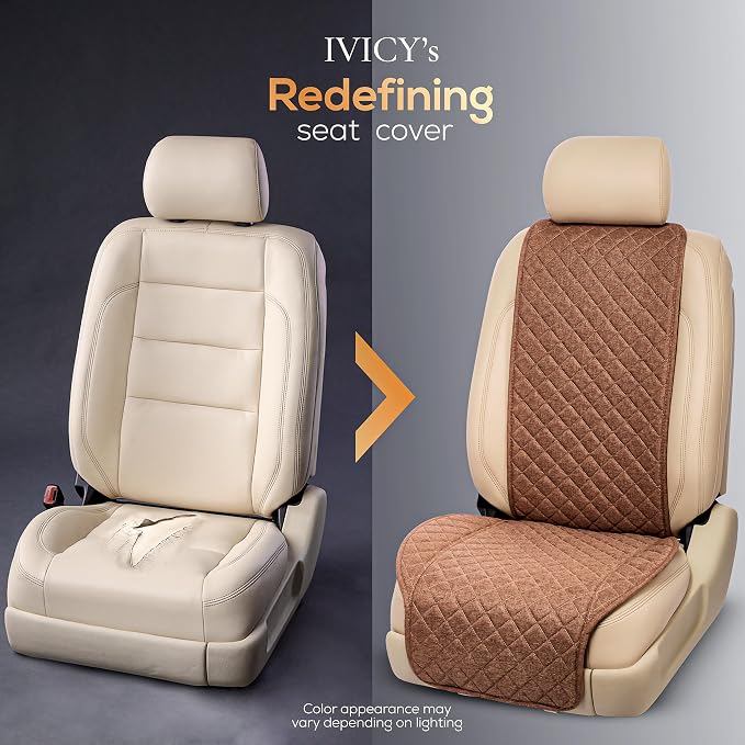 IVICY Faux Linen Front Car Seat Cover – Non-Slip Bucket Seat Protector for Most Cars, SUVs, Vans & Trucks – 1 Seat Cover, Machine Washable, Side-Airbag Friendly, Light Brown
