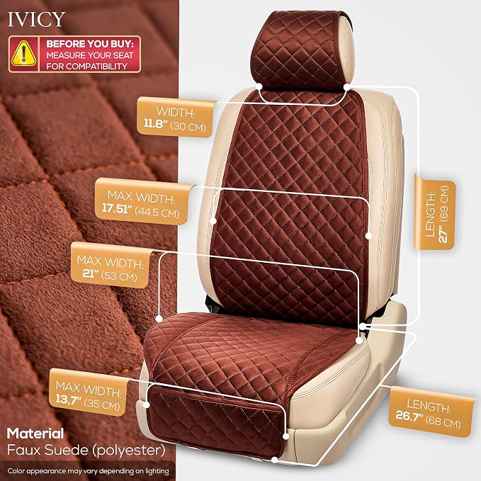 IVICY Faux Suede Front Car Seat Cover – Non-Slip Bucket Seat Protector for Most Cars, SUVs, Vans & Trucks – 1 Seat Cover, Machine Washable, Side-Airbag Friendly, Brown