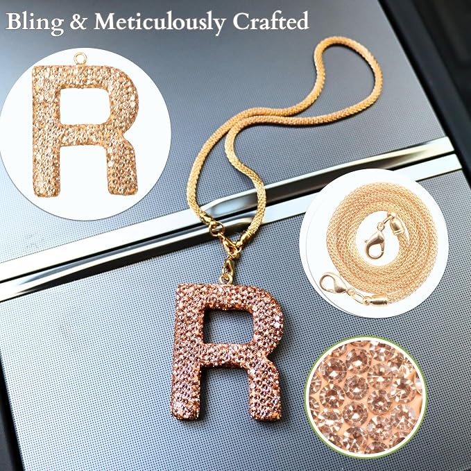 Bling Car Accessories for Women Letter Charm, Rainbow Crystal Rearview Mirror Pendant, Cute Diamond Rhinestone Car Decor, Lucky Gift for Women(R, Champagne Gold)