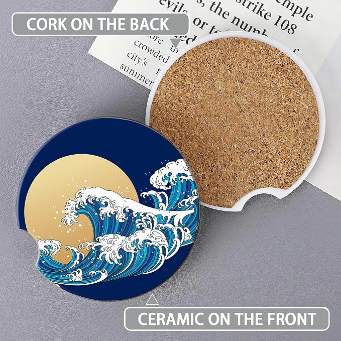 Great Wave Car Cup Holder Coaster,Japan Ocean Sunset Car Coasters for Cup Holder,2 PCS Absorbent Insert Ceramic Car Assecories with Cork Back & Finger Notch for Women Men