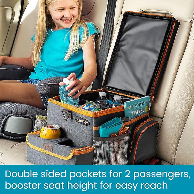 High Road CarHop Car Caddy Organizer with Tray, Trip Cooler and Cup Holder | Middle Seat Organizer for Kids Toys and Snacks in the Backseat and Passenger Seat Car Snack Organizer for Drivers