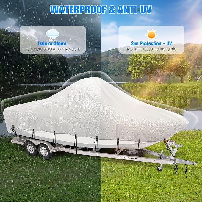 Center Console Boat Cover 17-19ft, 1200D Waterproof Boat Cover with Motor Cover, Trailerable Boat Cover for Center Console Boat, Heavy Duty Marine Grade UV Resistant Polyester Fabric, Gray