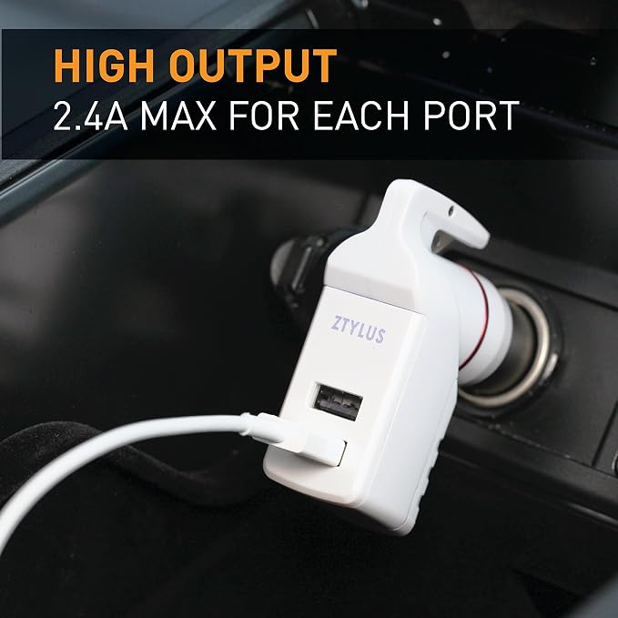Stinger USB Emergency Escape Tool: Life-Saving Rescue Car Charger, Spring Loaded Window Breaker, Seat belt Cutter, Dual USB Ports Max. 2.4A (1x Black and 1x White Stinger)