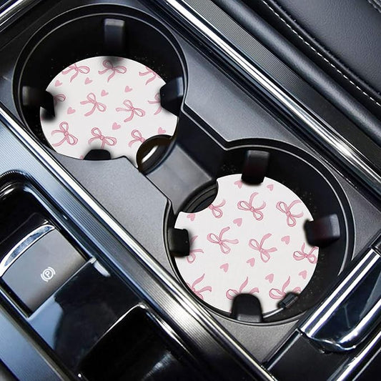 WOCOCN Car Coasters,Cup Holder Coasters for Car,2.75inch Anti Slip and Absorbent,Cute Automotive Interior Accessories for Cup Holder,Pack of 2 (Love Bow)