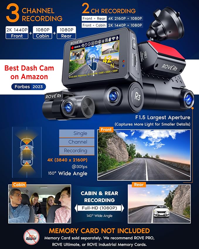 ROVE R3 Dash Cam Front and Rear with Cabin, 3” IPS Touch Screen, 3 Channel Dash Cam 1440P+1080P+1080P, IR Night Vision, 5GHz WiFi, Up to 30MB/s Download Speed, Quad-Mode GPS, Supports 512GB Max